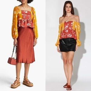 WALTER BAKER 70s Floral Colorblock Off Shoulder Puff Long Sleeve Ruffle Top M